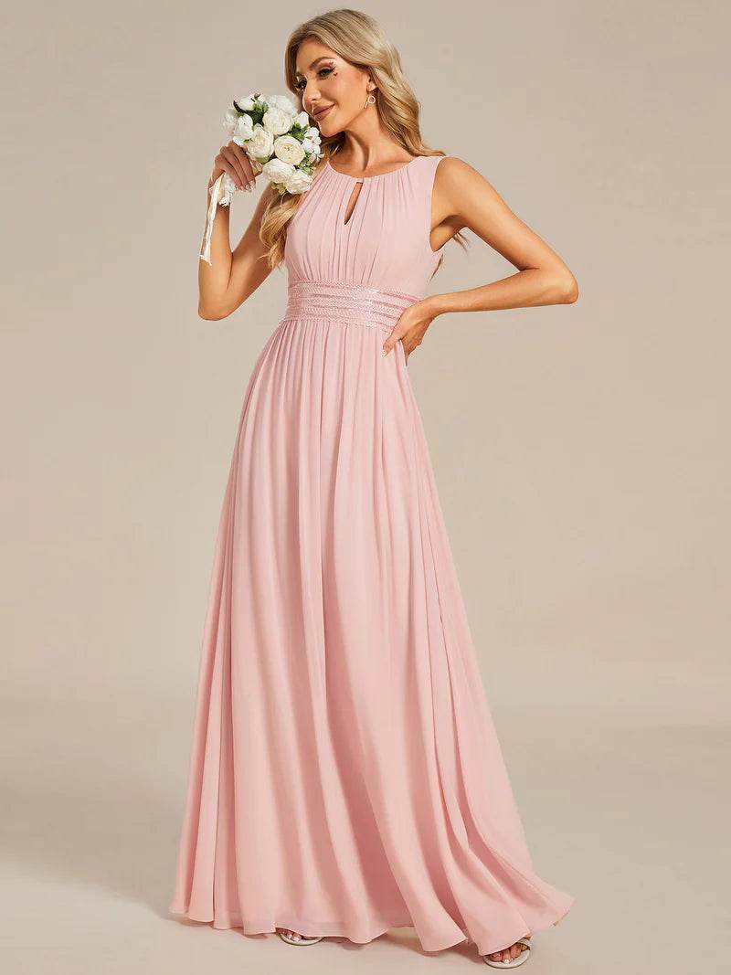 Chiffon Bridesmaid Dress – Maxi Length with Hollow Round Neck Design - Biamonde
